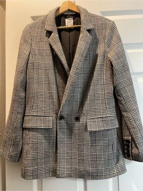 GAP Black and White Plaid Double-Breasted Blazer